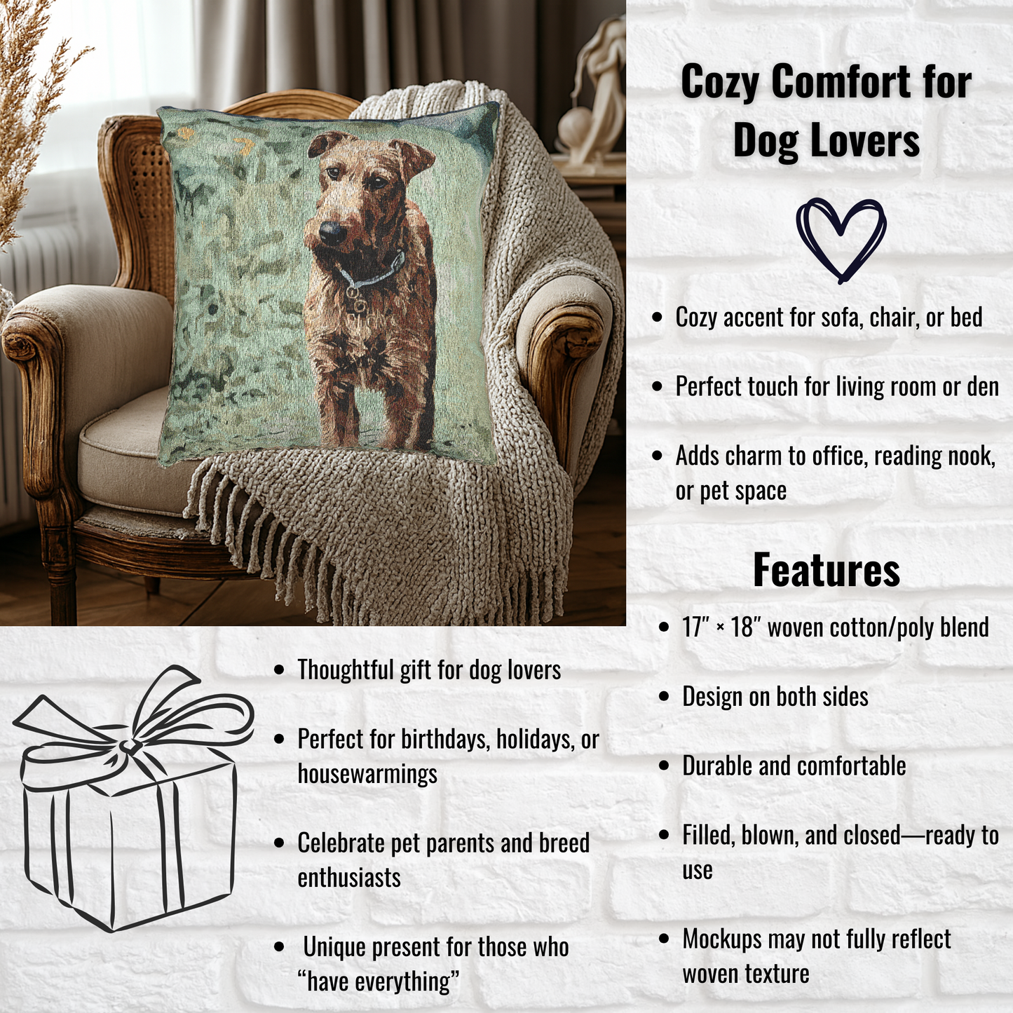 Irish Terrier Decorative Woven Pillow – 17" x 18" Dog Lover Home Décor
