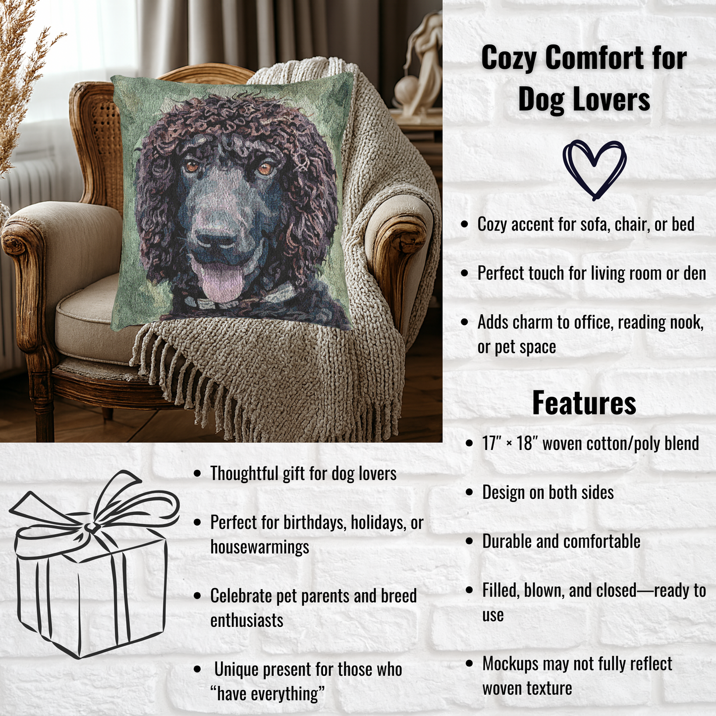 Irish Water Spaniel Decorative Woven Pillow – 17" x 18" Dog Lover Home Décor