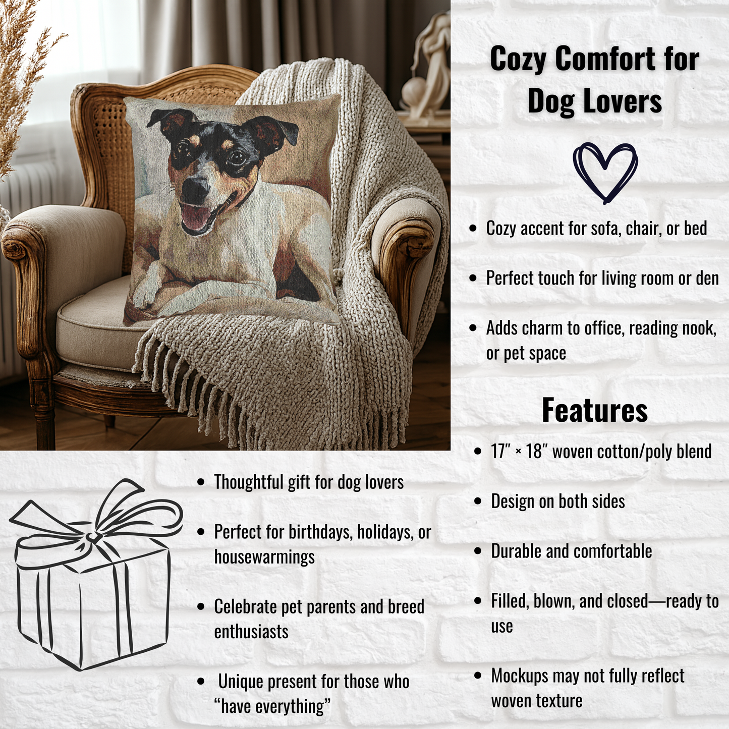 Japanese Terrier Decorative Woven Pillow – 17" x 18" Dog Lover Home Décor