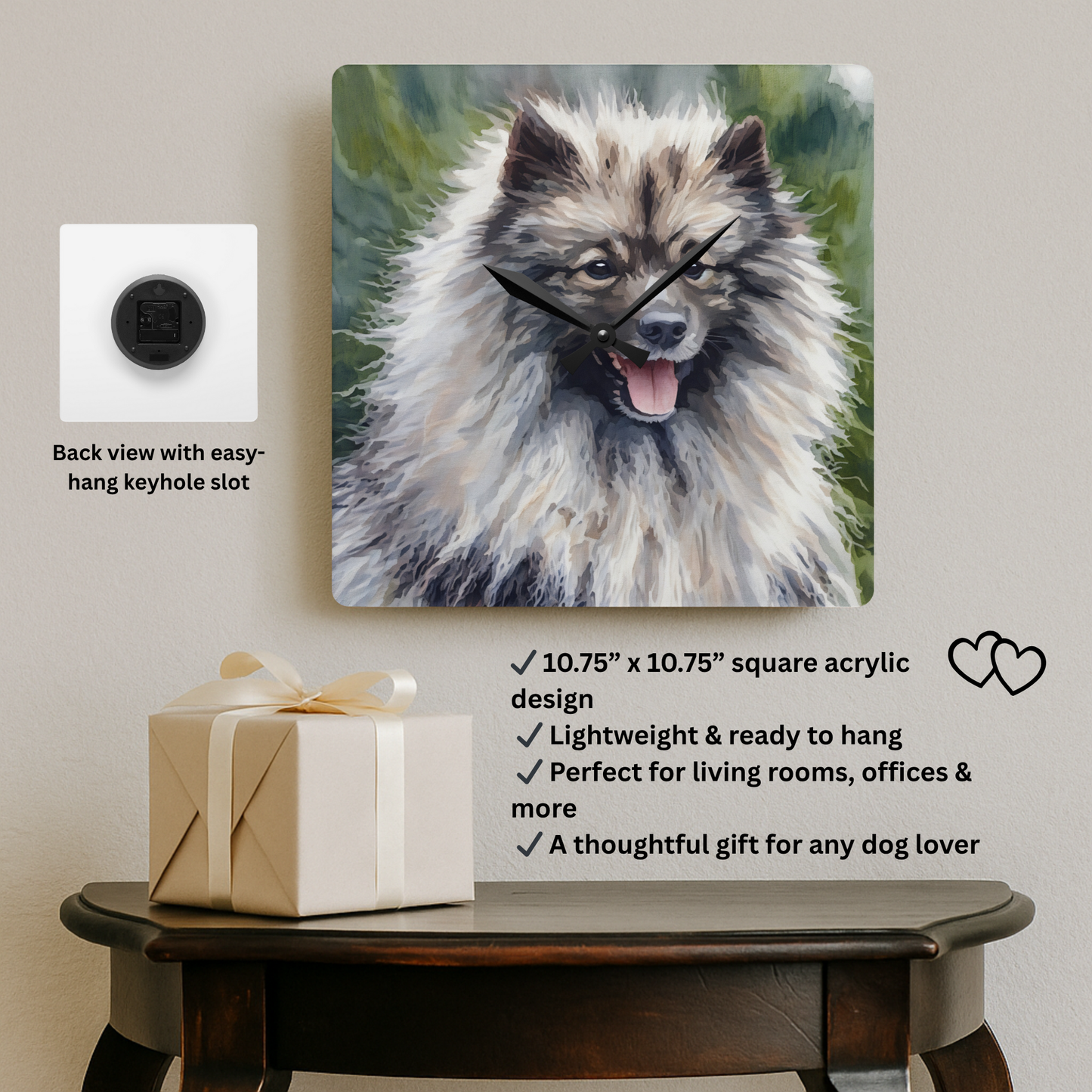 Keeshond Wall Clock | 10.75” Acrylic Dog Breed Home Décor