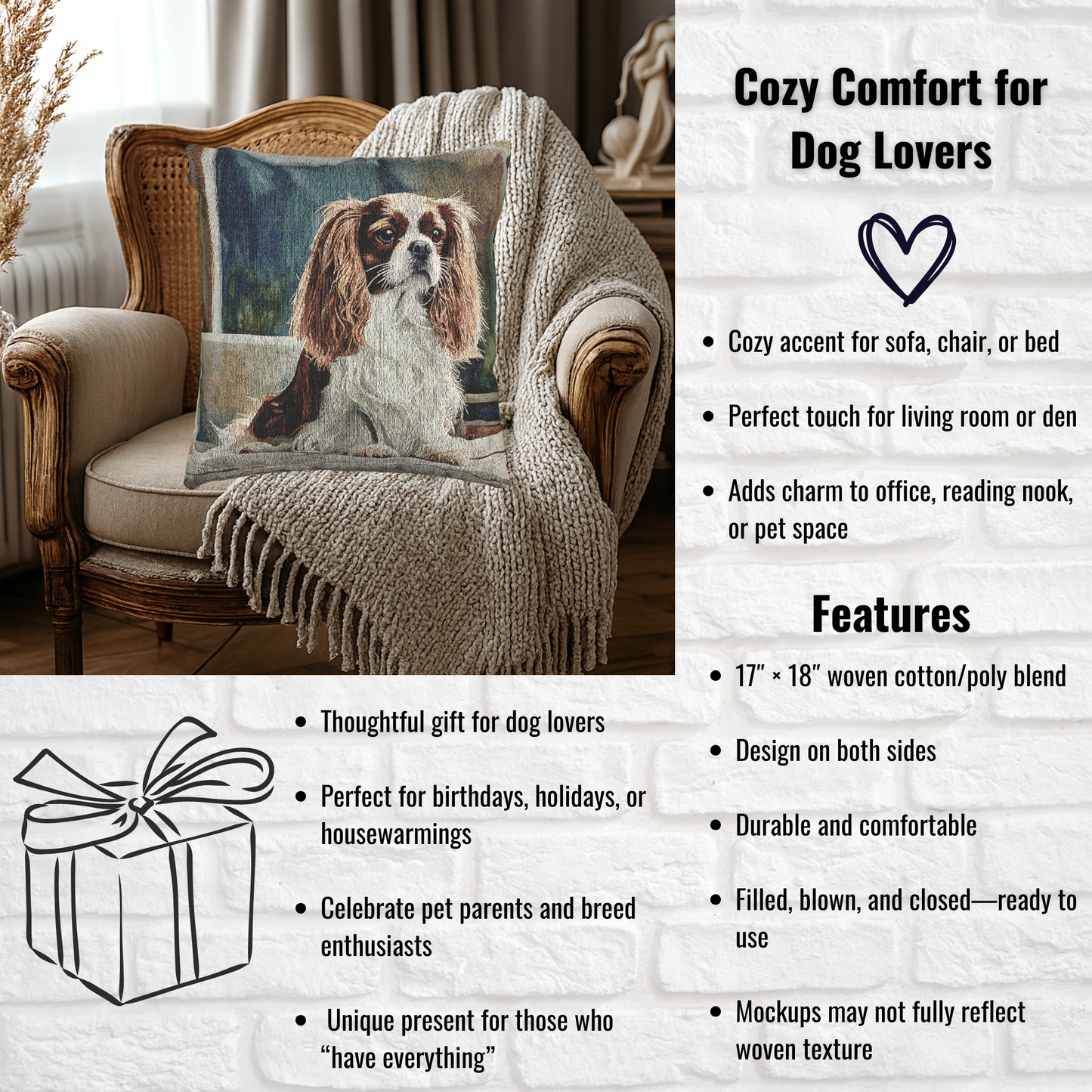 King Charles Spaniel Woven Pillow | 17x18 Dog Lover Decorative Cushion