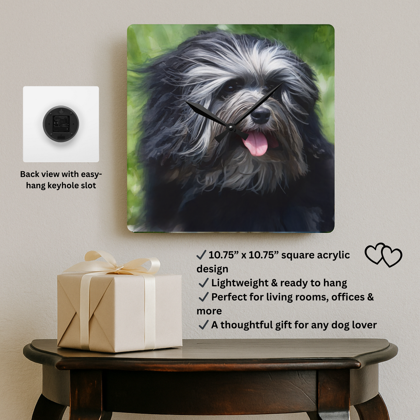 Löwchen Wall Clock | 10.75” Acrylic “Little Lion Dog” Décor