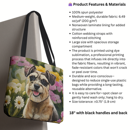 Miniature Schnauzer Tote Bag | Floral Garden Dog Art | Large Reusable Shoulder Bag for Schnauzer Lovers