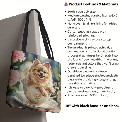 Pomeranian Tote Bag | Teacup Dog and Floral Art | Large Reusable Shoulder Bag for Pom Lovers and Tea Fans