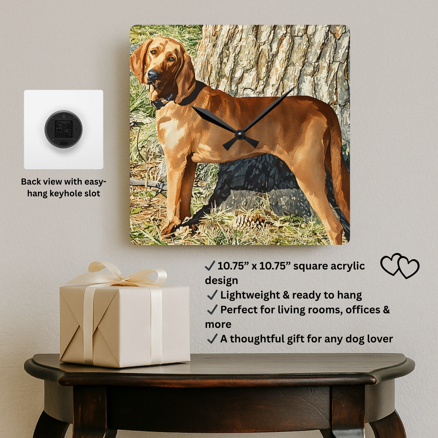 Redbone Coonhound Wall Clock – Loyal Dog Lover Home Décor – Watercolor Redbone Coonhound Art