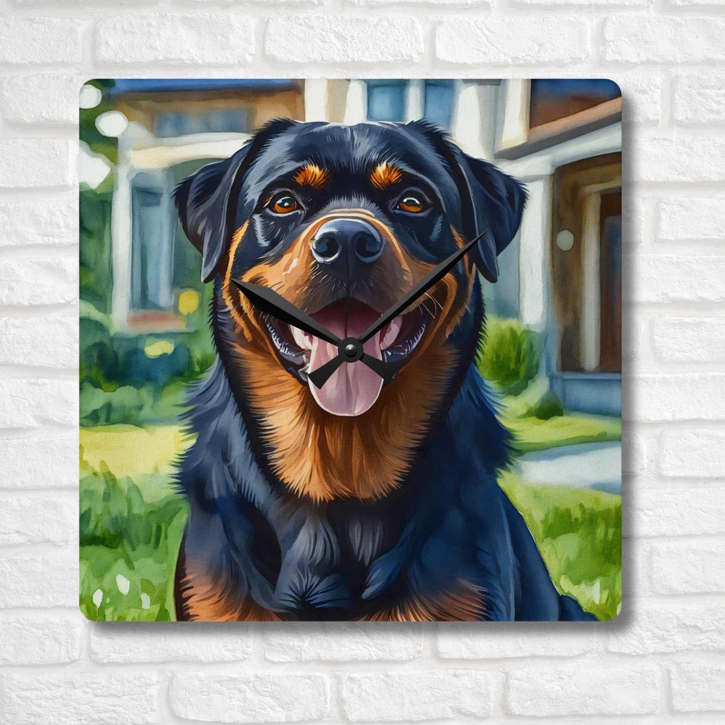 Rottweiler Wall Clock – Watercolor Dog Art | 10.75” Square Acrylic Wall Clock