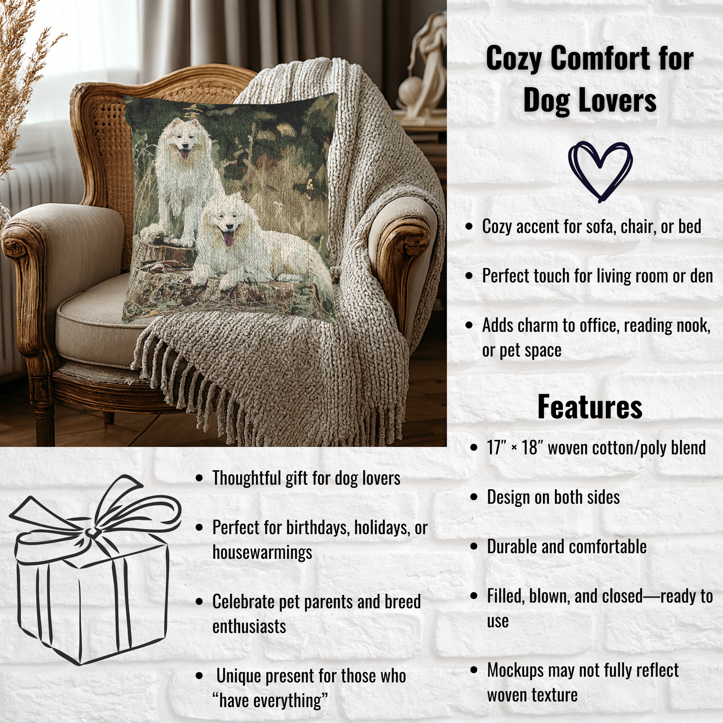 Samoyed Decorative Pillow – Smiling Dog Lover Home Décor – Woven 17”x18” Pillow