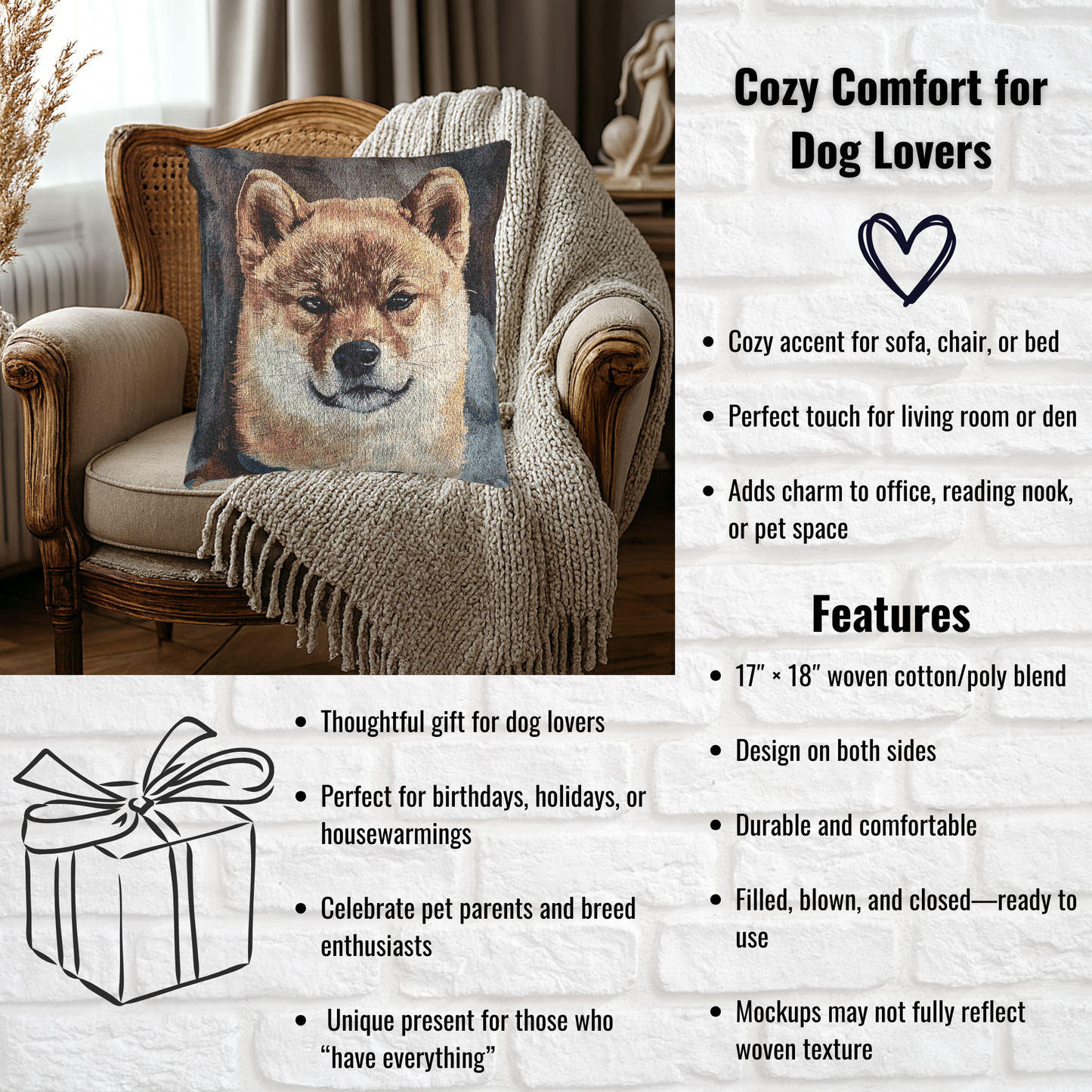 Shiba Inu Decorative Pillow – Adorable Dog Lover Home Décor – Woven 17”x18” Pillow