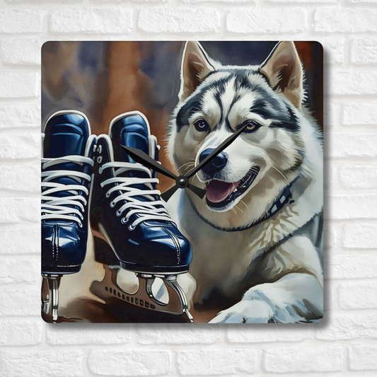 Siberian Husky Wall Clock – Watercolor Dog Art | 10.75” Square Acrylic Wall Clock