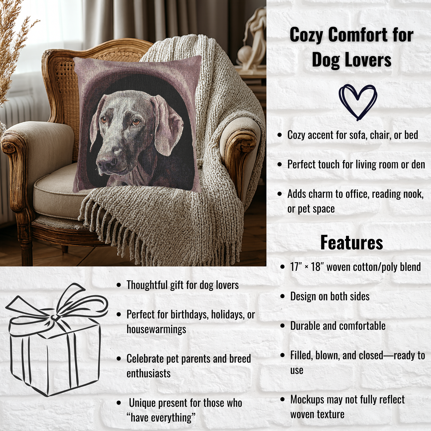 Weimaraner Woven Pillow – Elegant Dog Lover Home Décor – Sleek Sporting Breed Design