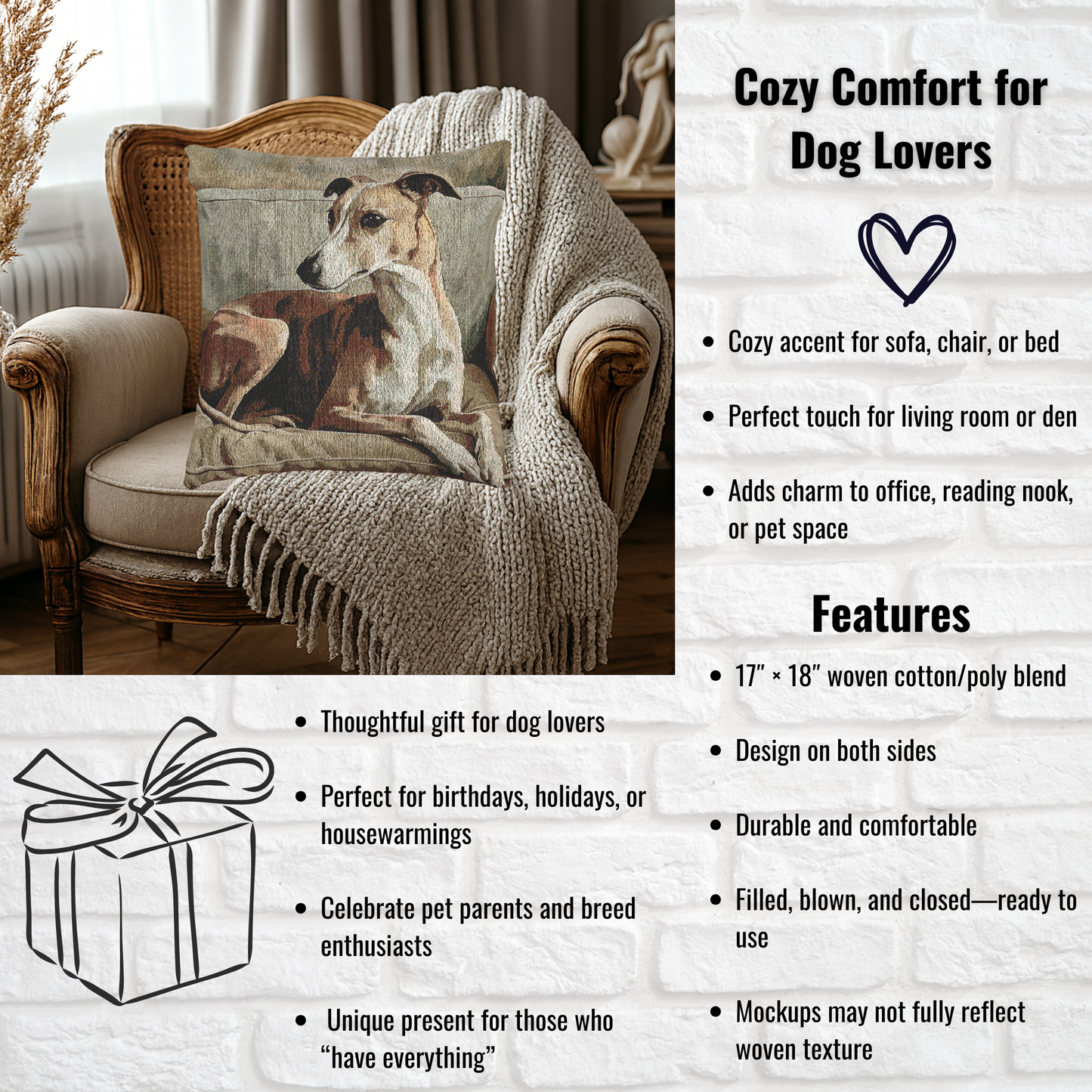 Whippet Woven Pillow – Elegant Dog Lover Décor – Artistic Breed Portrait